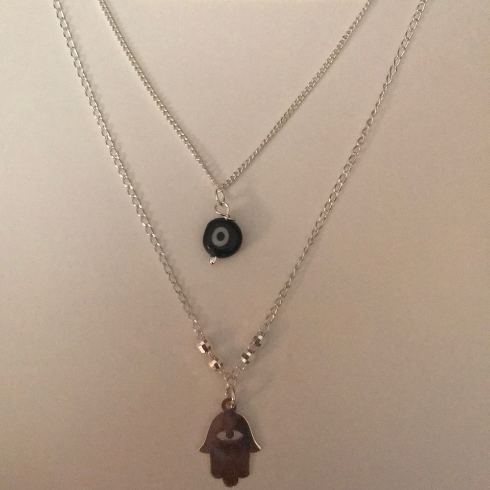 Boho Hamsa Eye Sterling Silver Necklace Set